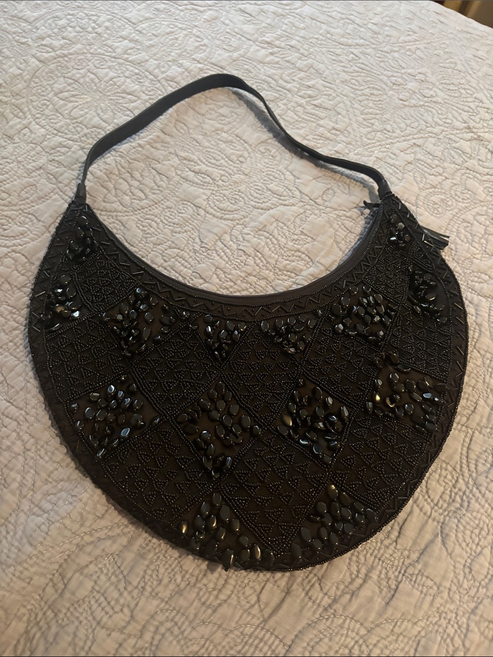 Vintage Moyna Black Beaded Crescent Shoulder Bag.
